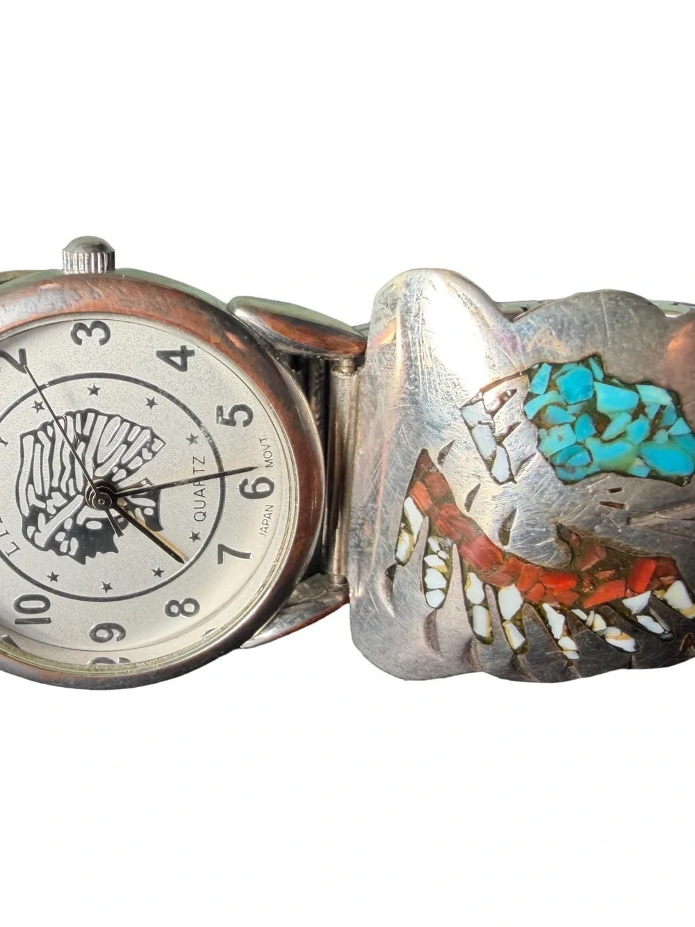 VTG RARE Native American Signed TIC Watch Band Cuff Chief Thunderbird Turquoise